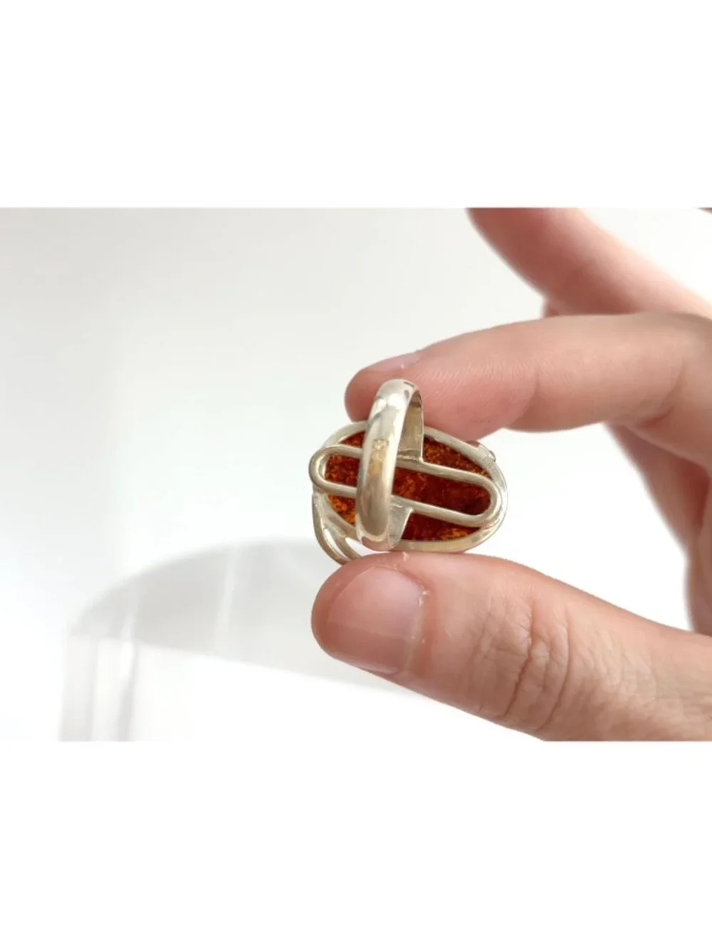 Modernist Genuine Baltic Amber Stone Sterling Silver 925 Vintage Ring - sz 7.5